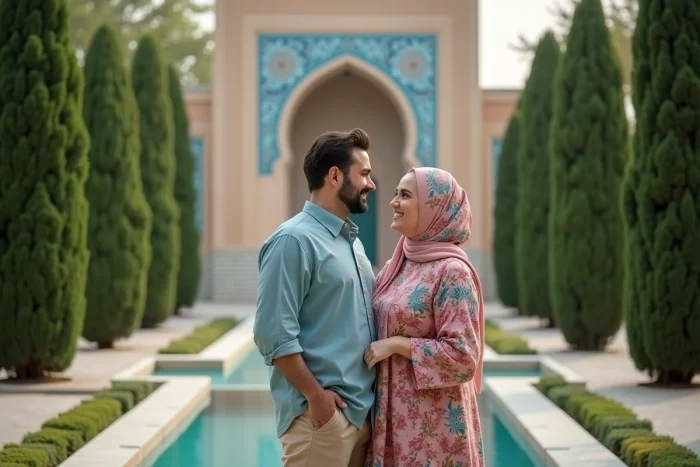 Couple adulte iranien dans un jardin persan traditionnel d'Ispahan avec canaux d'eau géométriques et pavillon orné de faïences, la femme en manteau floral et hijab coloré, Iran