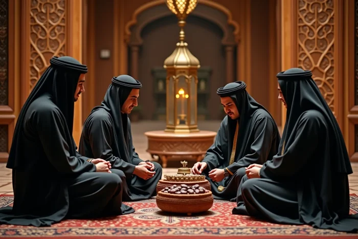 Famille koweïtienne adulte réunie dans un espace de rassemblement diwaniya traditionnel avec des tapis persans et des paravents en bois sculpté, vêtue de dishdasha et abayas, Koweït