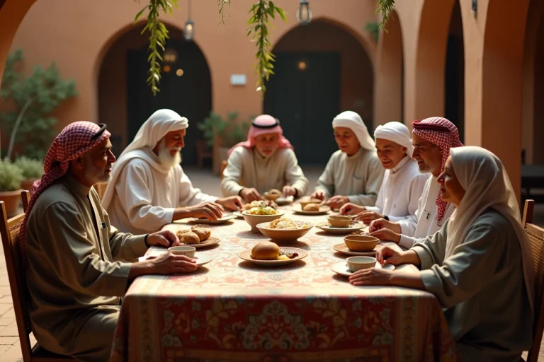 Rassemblement familial multigénérationnel autour d'un repas traditionnel, symbolisant les pratiques culturelles et les liens familiaux étroits dans différentes sociétés