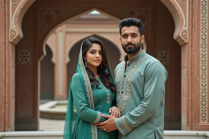 Couple adulte pakistanais en tenues traditionnelles shalwar kameez devant une arche de style moghol ornée de mosaïques à Lahore, Pakistan