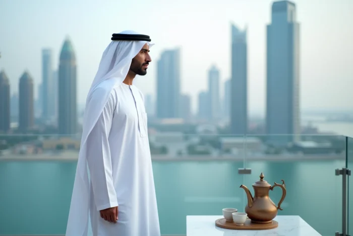 Homme adulte qatarien en thobe blanc et ghutra traditionnels sur une terrasse avec vue sur les gratte-ciel modernes de Doha et le golfe Arabique, Qatar