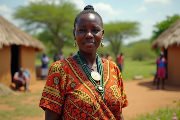 Femme adulte du Soudan du Sud en robe kitenge imprimée aux motifs géométriques vifs, dans un village rural avec des cases à toit de chaume près de Juba, Soudan du Sud