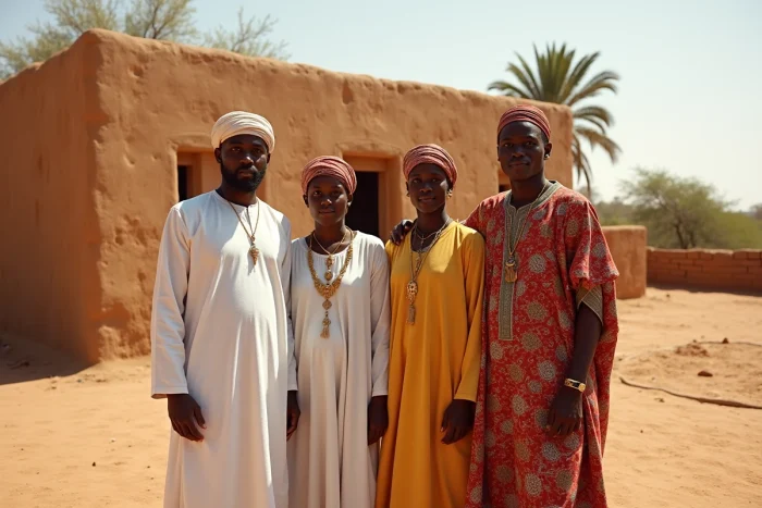 Famille soudanaise adulte devant une maison traditionnelle en banco dans un village rural près du Nil, vêtue de jalabiya blancs et thobes colorés, Soudan