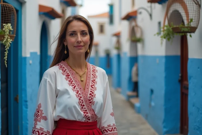 Femme adulte tunisienne en fouta traditionnelle rouge et blanche avec broderies et bijoux dorés dans une ruelle de la médina de Tunis aux murs bleus et blancs, Tunisie