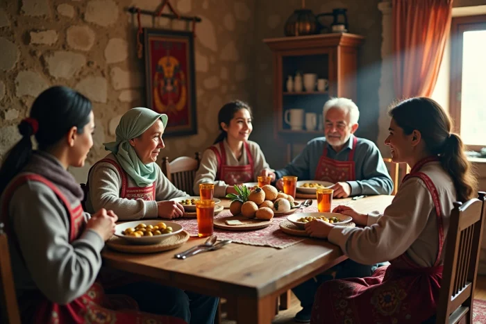 Famille adulte multigénérationnelle turque autour d'un petit-déjeuner traditionnel anatolien dans une maison en pierre rurale avec tapis kilim et verres de thé en forme de tulipe, Turquie