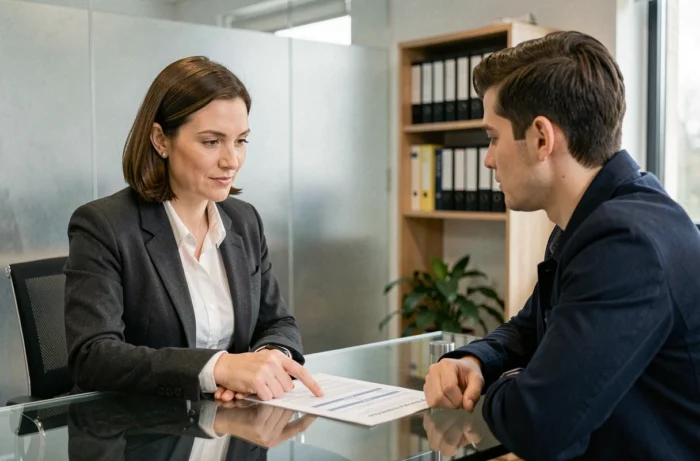 Conseillère bancaire expliquant un tableau d'amortissement de prêt immobilier à un jeune client dans une agence moderne