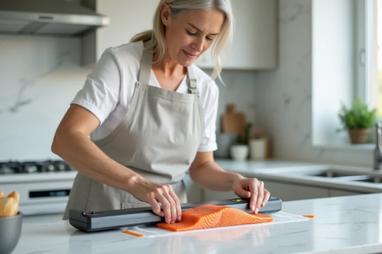 Femme plaçant un filet de saumon frais dans un sac sous vide dans une cuisine moderne