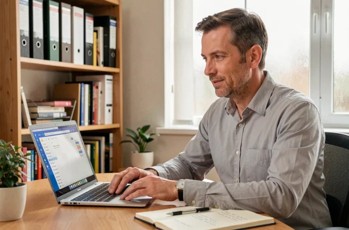 Homme consultant sa messagerie Zimbra depuis un bureau à domicile avec un ordinateur portable et des notes manuscrites