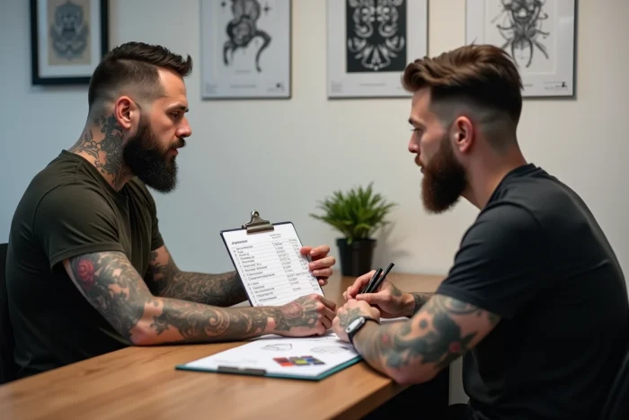 Consultation tarifaire pour un tatouage intérieur de lèvre entre un artiste tatoueur et son client dans un studio contemporain