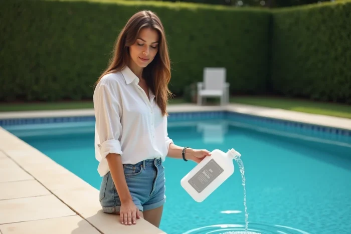 Femme versant un produit correcteur d'alcalinité dans une piscine résidentielle