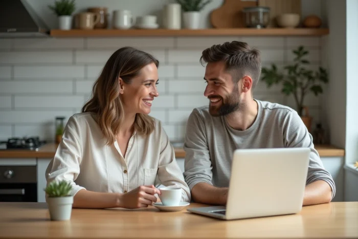 Couple marié après le mariage dans leur cuisine moderne, moment de vie quotidienne autour d'un café du matin