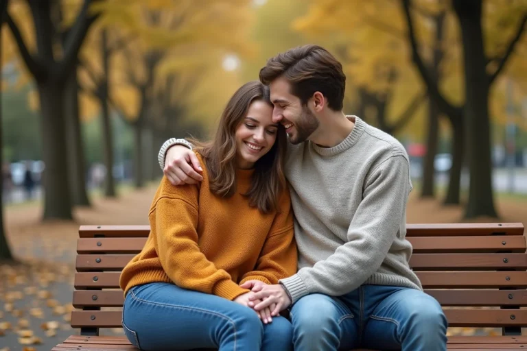 Couple décontracté assis dans un parc en automne avant le mariage, sourires naturels et tenue casual