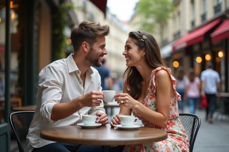Couple complice attablé en terrasse de café parisien, illustrant une relation amoureuse détendue et moderne