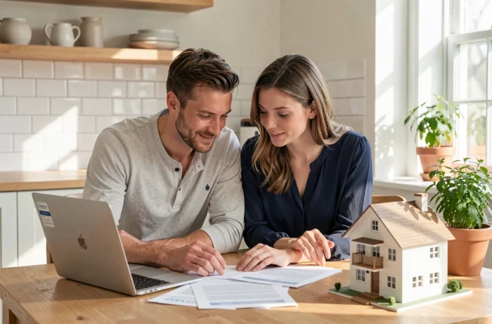 Couple consultant des documents de crédit immobilier autour d'une table en bois avec un ordinateur portable et une maquette de maison