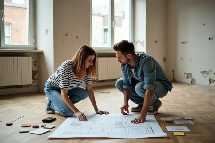 Couple étudiant un plan de rénovation et estimant le budget travaux dans un appartement vide