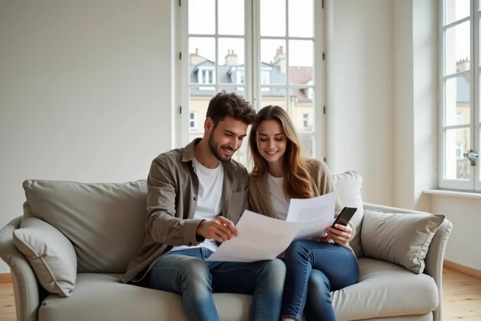 Couple de futurs locataires consultant les documents de garantie Visale dans un appartement vide