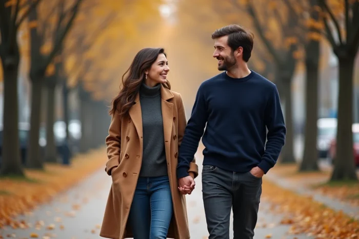 Couple se promenant main dans la main sur un boulevard parisien en automne, ambiance romantique et naturelle