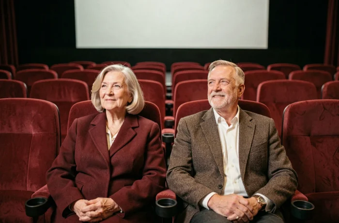 Couple de seniors assis dans les fauteuils d'une salle de cinéma avant une séance