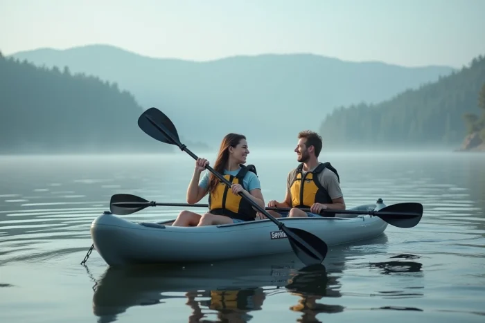 Couple pagayant en tandem dans un canoë gonflable Sevylor Tahiti Plus sur un lac calme au petit matin