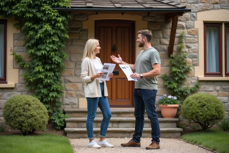 Couple visitant une maison en pierre avec jardin lors d'un achat immobilier