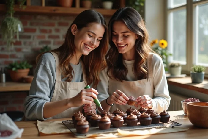 Deux jeunes femmes décorant des cupcakes au chocolat faits maison ensemble autour d'une table rustique
