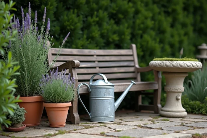 Décoration sobre de jardin avec banc en teck patiné, pot en terre cuite, arrosoir en zinc et bain d'oiseau en pierre moussue