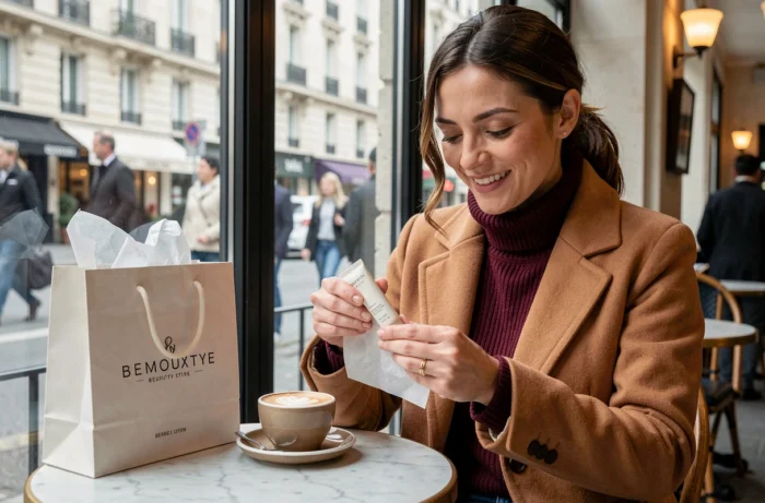 Femme découvrant ses achats beauté dans un café parisien avec sac shopping posé sur la table