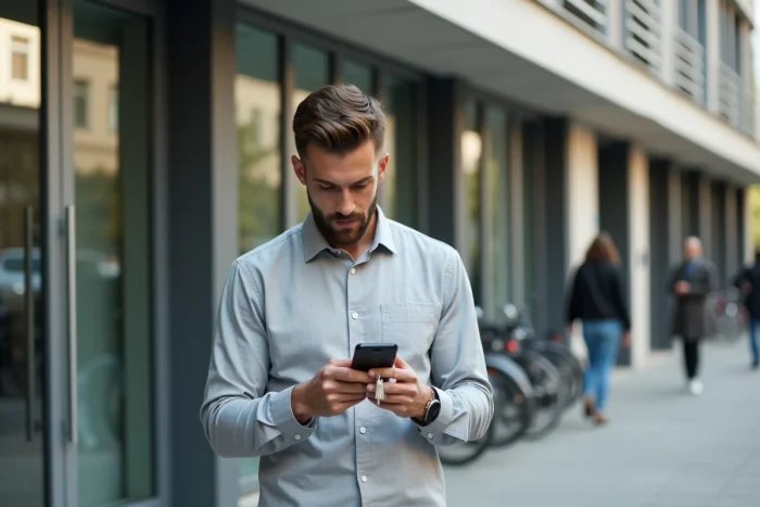 Homme consultant les délais de traitement de sa garantie Visale sur smartphone devant un immeuble