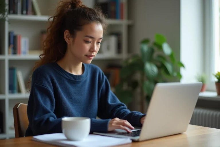 Jeune femme remplissant une demande Visale en ligne sur son ordinateur portable depuis son bureau à domicile