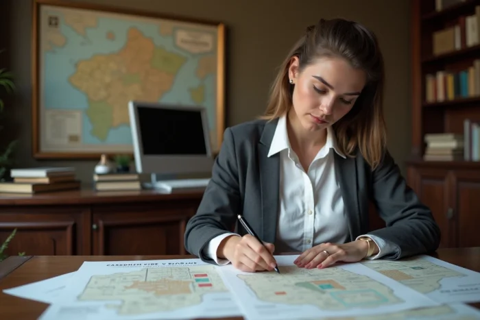Employée municipale consultant des documents cadastraux dans une mairie française