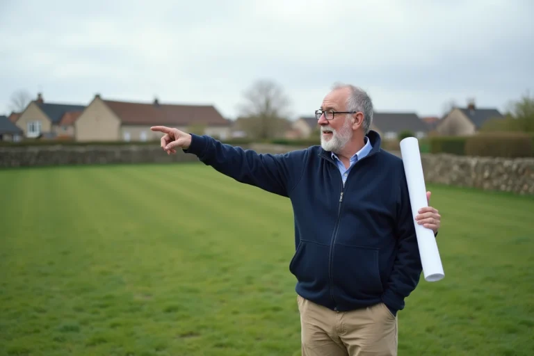 Technicien foncier sur un terrain communal en zone rurale tenant un plan d'urbanisme