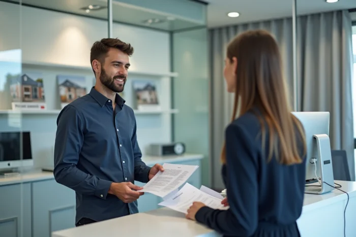 Locataire discutant des démarches de garantie Visale avec un agent immobilier dans une agence