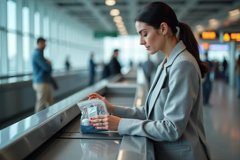 Femme plaçant un sac transparent de liquides dont un tube de dentifrice dans un bac de sécurité à l'aéroport