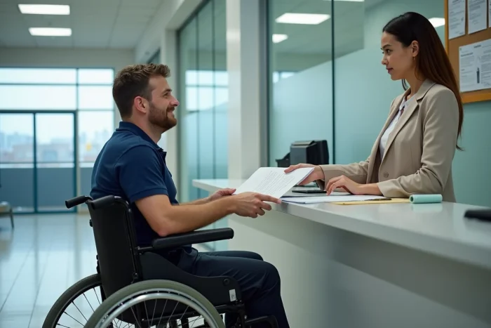 Homme en fauteuil roulant déposant son dossier d'inscription Handi'Stat auprès d'un agent administratif au guichet
