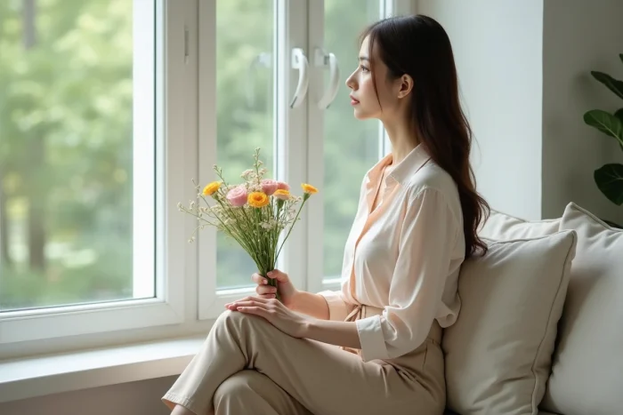 A woman holding a bouquet of flowers near a window, reflecting on the difference between true love and the allure of novelty