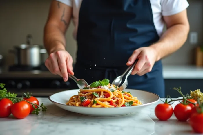 Homme dressant une assiette de pâtes colorées aux légumes et parmesan dans une cuisine moderne
