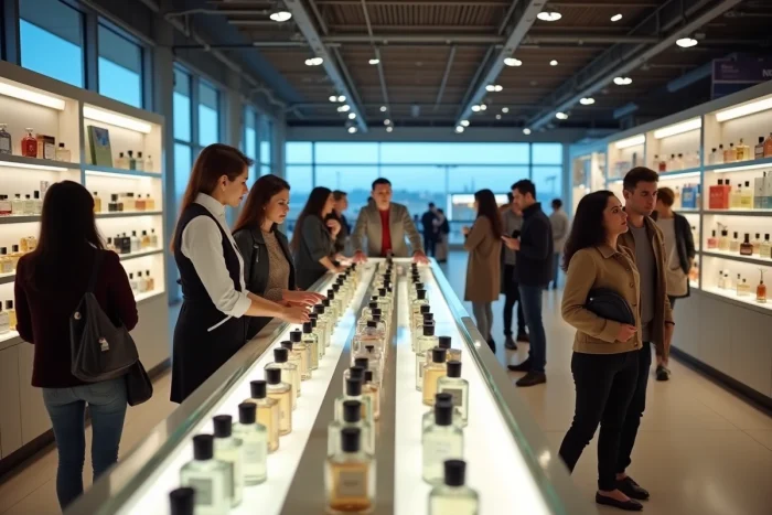 Boutique duty-free de parfums dans un aéroport espagnol, présentoirs de flacons de marques avec des voyageurs en train d'acheter