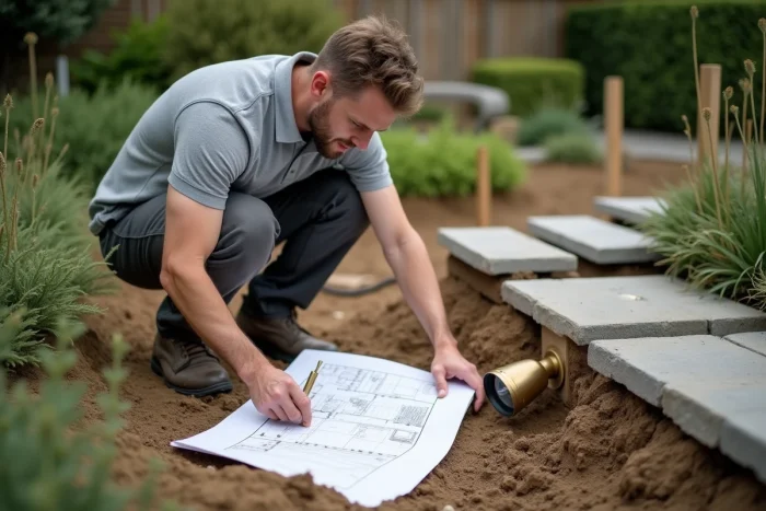 Un professionnel installe un luminaire de jardin basse tension dans une bordure en pierre lors de la conception du plan
