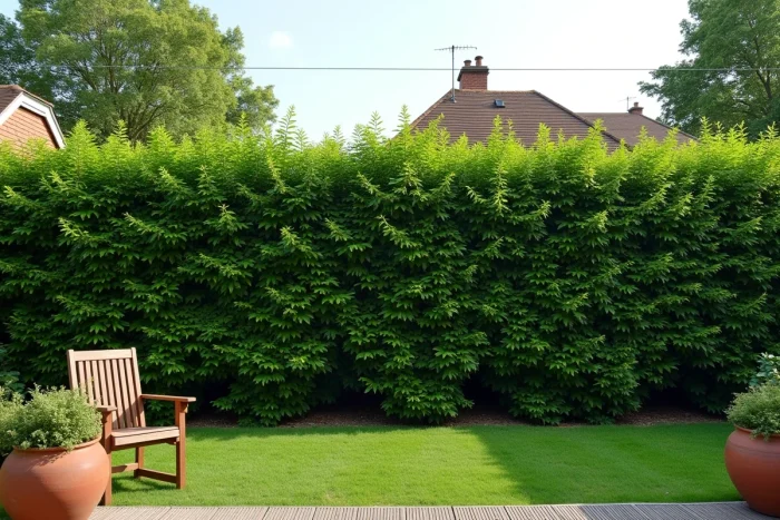 Écran végétal naturel formé d'une haie mixte d'arbustes indigènes remplaçant un mur pour assurer l'intimité du jardin