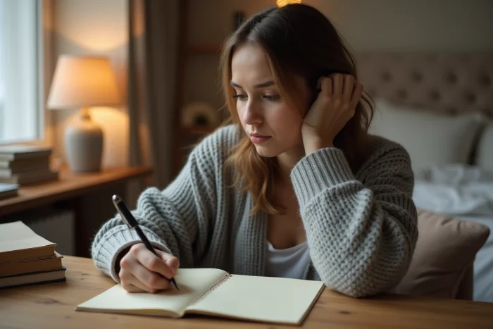 A woman writing a fictional letter by hand in her room, as part of a romantic introspection exercise