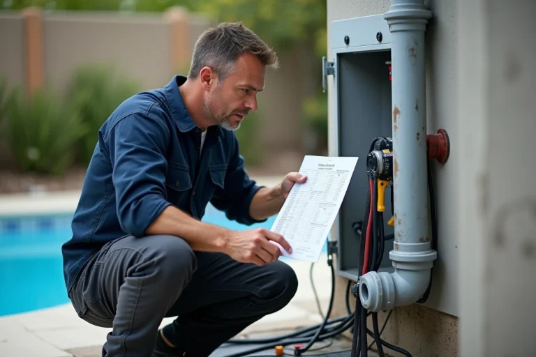 Électricien professionnel examinant la section de câble électrique pour une pompe de piscine résidentielle