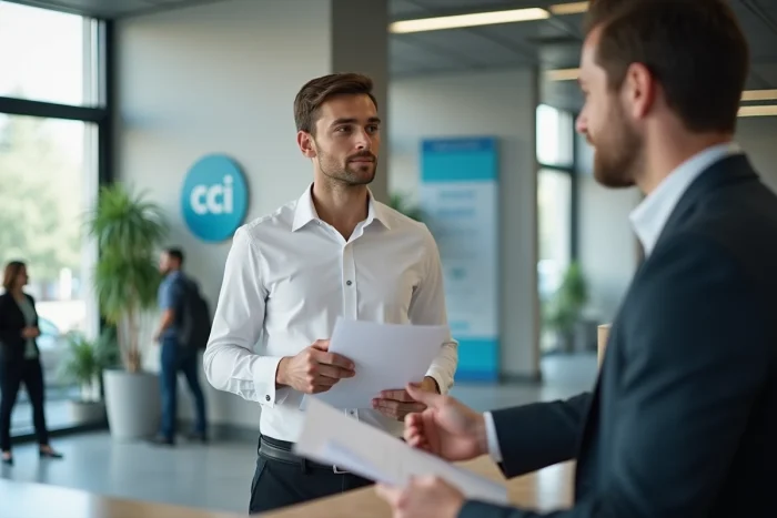 Jeune entrepreneur consultant un conseiller CCI au guichet d'un centre d'accompagnement des entreprises