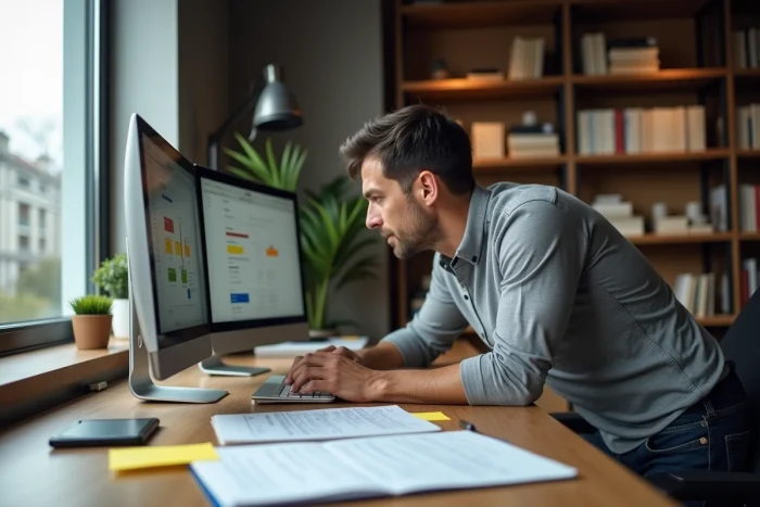 Entrepreneur masculin planifiant la croissance de son entreprise grâce à des outils et ressources numériques en ligne