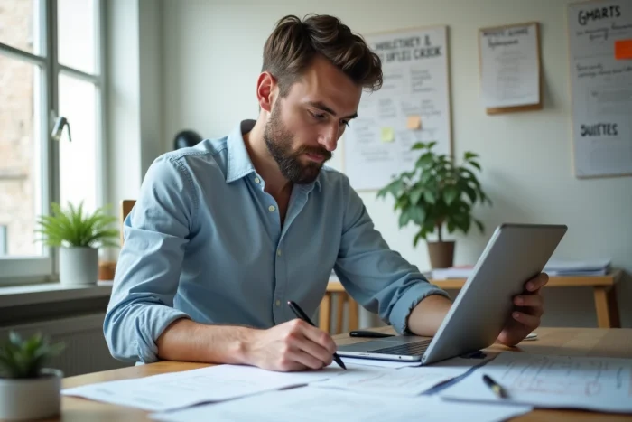 Entrepreneur de PME française concentré sur sa feuille de route de croissance dans un bureau minimaliste