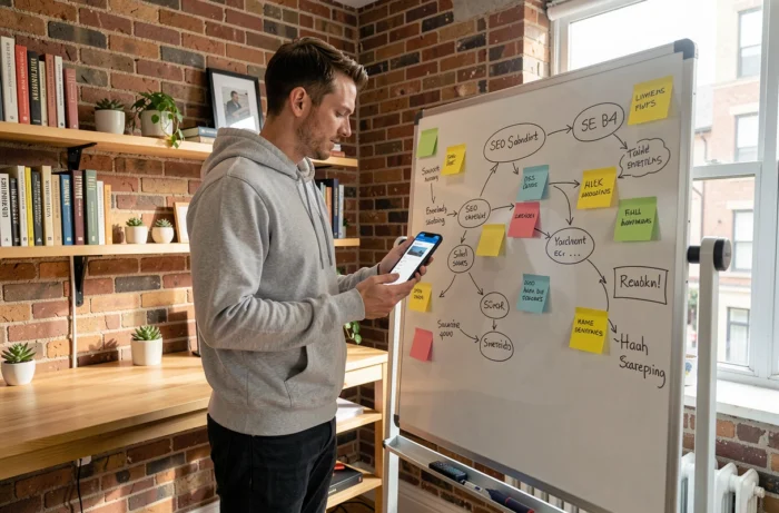 Jeune entrepreneur debout dans son bureau à domicile, travaillant sur une stratégie de webmarketing avec un tableau blanc et un smartphone