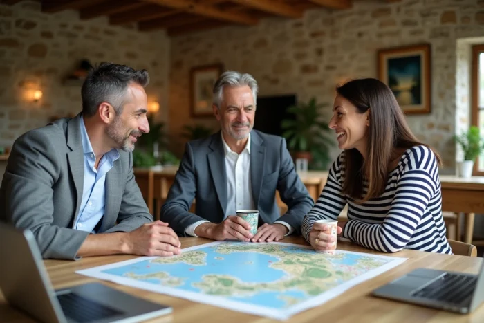 Gruppo di imprenditori che discutono di un progetto di investimento in uno spazio di coworking dallo stile bretone ristrutturato