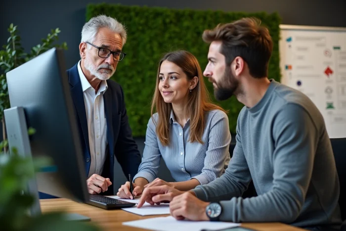Équipe d'une agence web collaborative discutant d'une refonte de site web responsive sur grand écran dans un espace de travail moderne