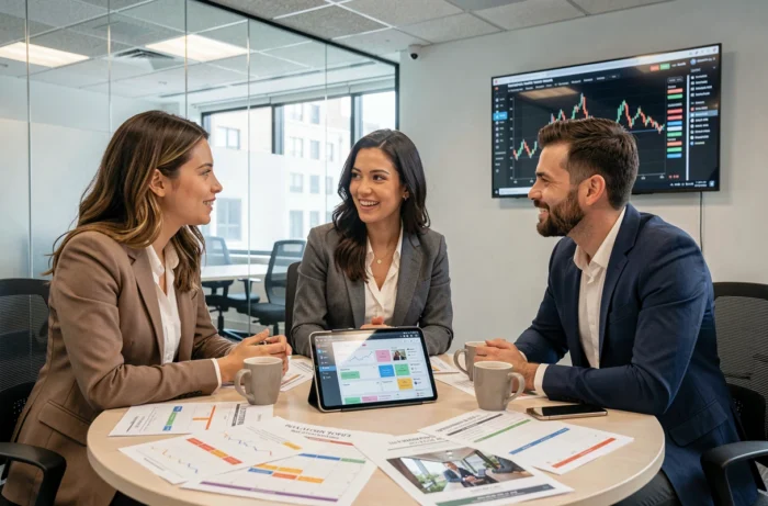 Équipe marketing collaborant autour d'une table dans un espace de coworking pour définir une stratégie de présence en ligne
