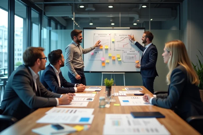 Équipe pluridisciplinaire d'une PME française en réunion stratégique autour d'un tableau blanc et de rapports financiers