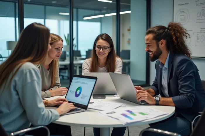 Équipe de professionnels collaborant autour de ressources numériques pour développer leur entreprise